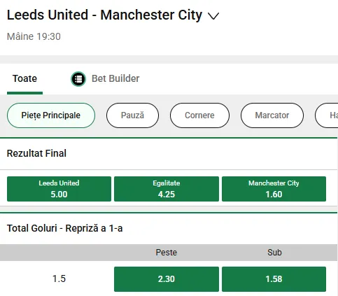 Cote pariuri Leeds vs Manchester City la Unibet