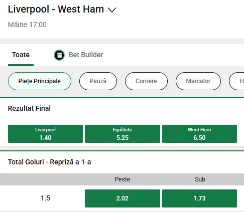 Cote pariuri Liverpool vs West Ham oferite de Unibet