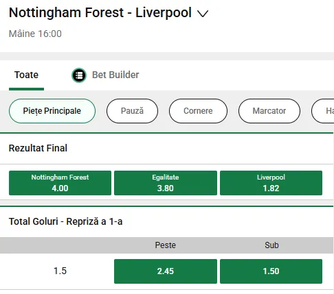 Cote pariuri Nottingham - Liverpool la Unibet