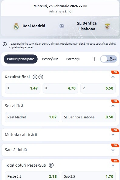 Cote pariuri Real Madrid - Benfica de la Betano
