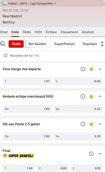Cote pariuri Real Madrid - Benfica la Superbet