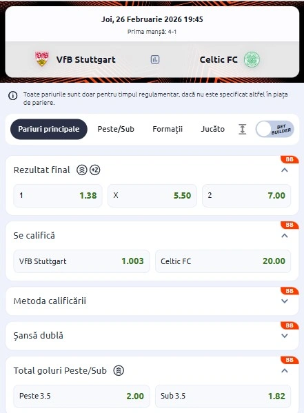 Cote pariuri Stuttgart - Celtic la Betano