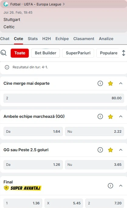 Cote pariuri Stuttgart - Celtic de la Superbet