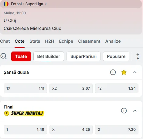 Cote pariuri U Cluj vs Csikszereda oferite de Superbet