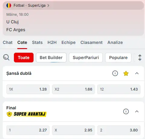 Cote pariuri U Cluj vs FC Argeș la Superbet