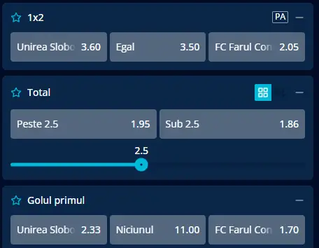 Cote pariuri Unirea Slobozia - Farul Constanța la Mr Bit