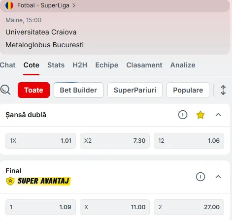 Cote pariuri Universitatea Craiova vs Metaloglobus la Superbet