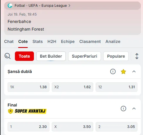 Cotele la pariuri în Fenerbahce - Nottingham la Superbet