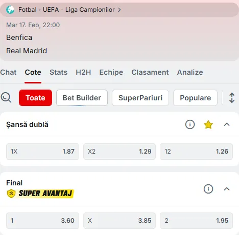 Cotele la pariuri pentru Benfica - Real Madrid, la Superbet