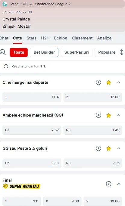 Cote pariuri Crystal Palace - Zrinjski