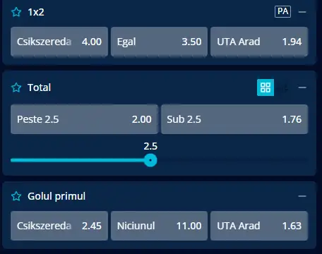 Cum arată cotele la pariuri Csikszereda - UTA Arad la MrBit?