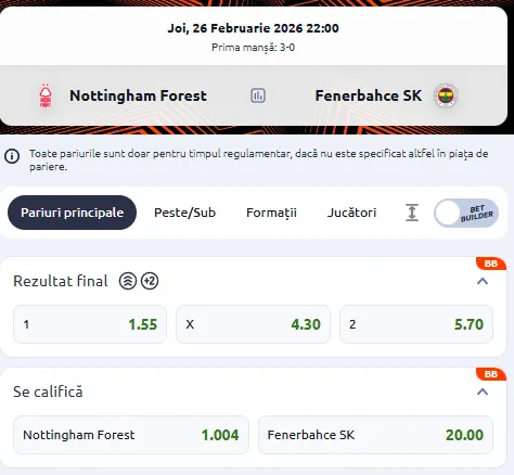Cum arată cotele la pariuri în Nottingham - Fenerbahce, la Betano?