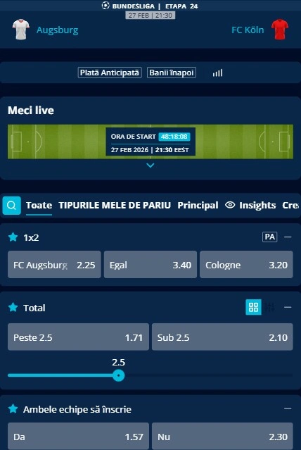 Cote pariuri FC Augsburg - FC Koln