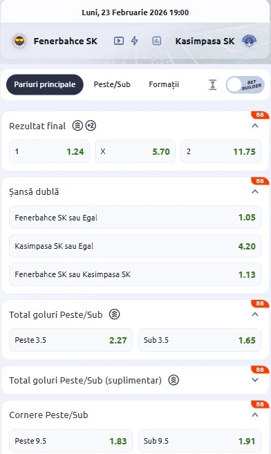 Cote pariuri Fenerbahce vs Kasimpasa