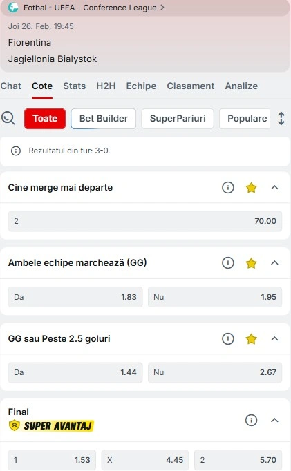 Cote pariuri Fiorentina - Jagiellonia