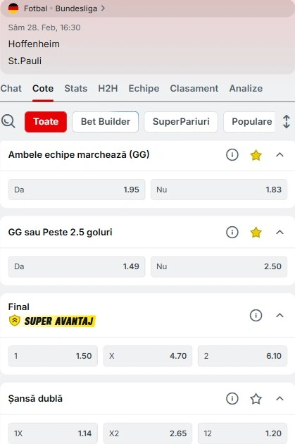 Cote pariuri Hoffenheim vs St Pauli