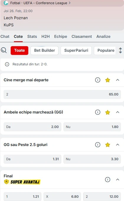 Cote pariuri Lech Poznan vs KuPS