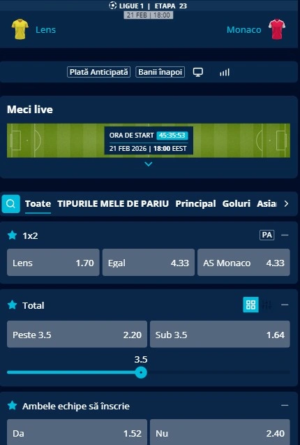 Cote pariuri Lens vs AS Monaco