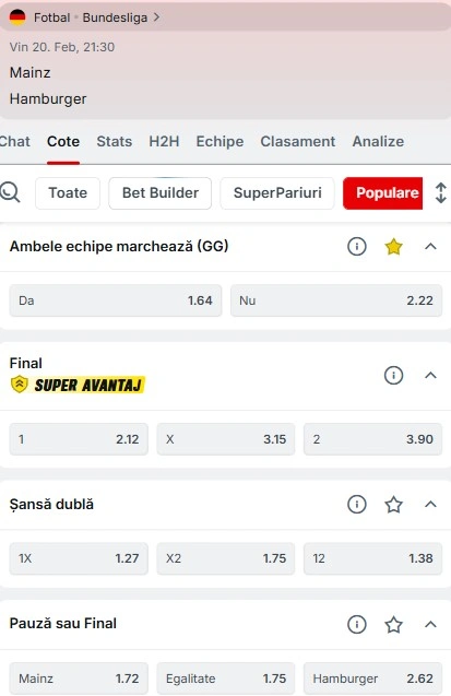 Cote pariuri Mainz vs Hamburger SV