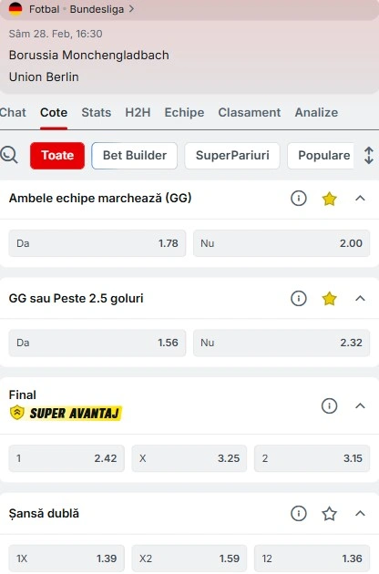 Cote pariuri Monchengladbach - Union Berlin