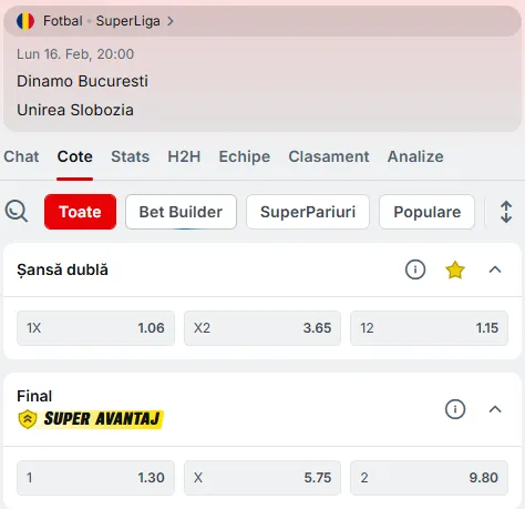 Oferta de cote pariuri Dinamo vs Unirea Slobozia, la Superbet