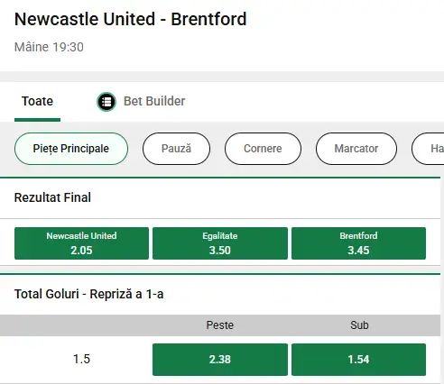 Oferta de cote pariuri Newcastle vs Brentford la Unibet