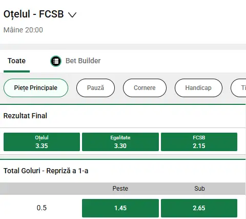 Oferta de cote pariuri Oțelul Galați vs FCSB la Unibet