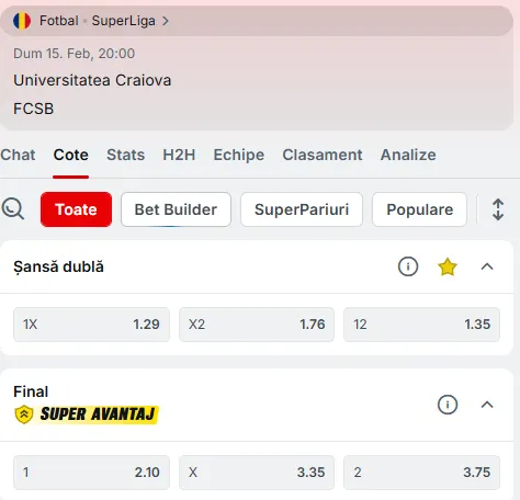Oferta de cote pariuri pentru Universitatea Craiova - FCSB la Superbet