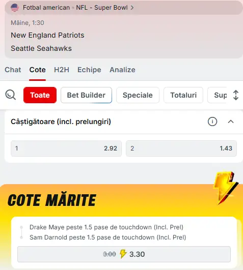 Oferta de cote pentru Super Bowl 2026, la Superbet