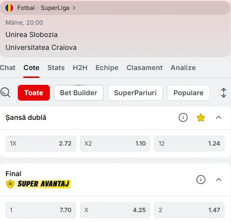 Cote pariuri Unirea Slobozia vs Universitatea Craiova la Superbet