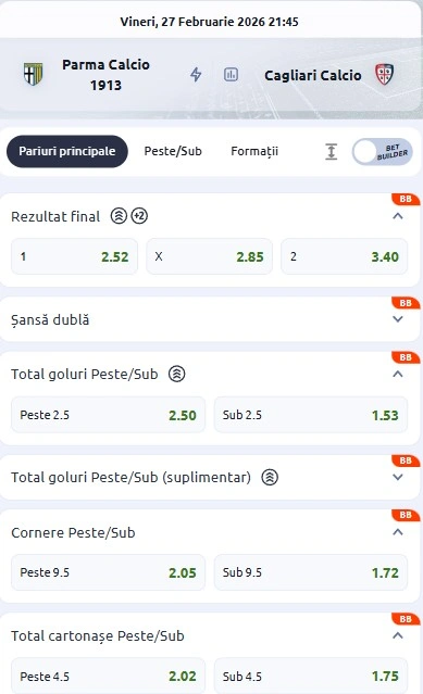 Cote pariuri Parma vs Cagliari