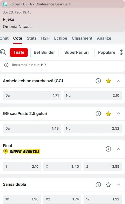 Cote pariuri Rijeka vs Omonia