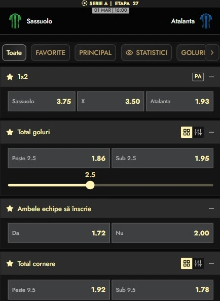 Cote pariuri Sassuolo - Atalanta