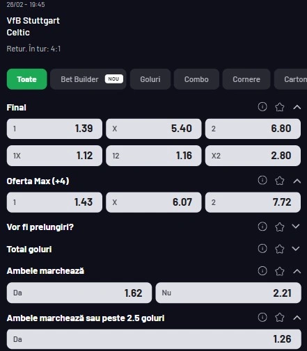 Cote pariuri Stuttgart vs Celtic