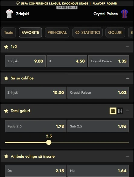 Cote pariuri Zrinjski vs Crystal Palace