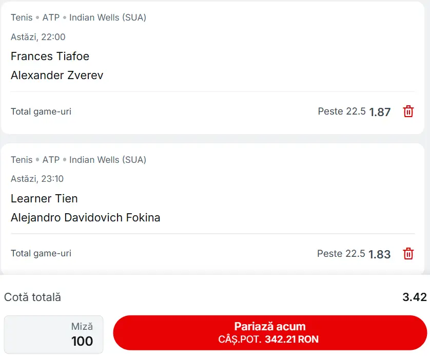 Biletul zilei ATP Indian Wells pe total game-uri 10 martie 2026 la operatorul online Superbet