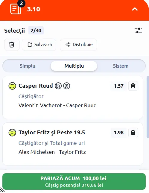 Biletul zilei ATP Indian Wells pe total game-uri și Ruud 09 martie 2026 la operatorul online Betano