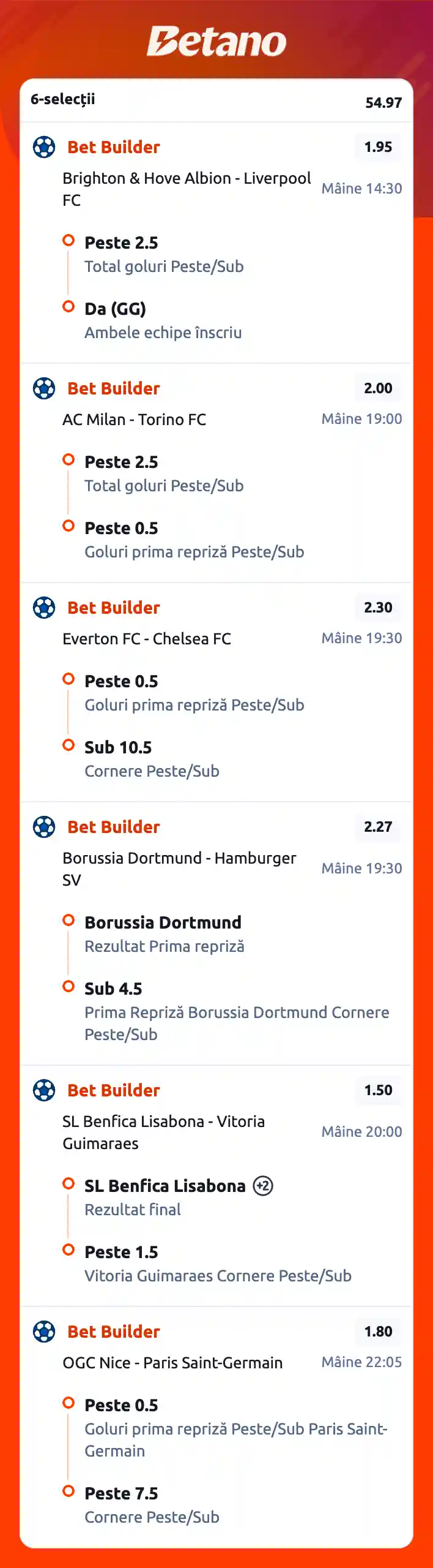 Biletul zilei din fotbal la Betano, 21 martie 2026. Șase pariuri de tip betbuilder în cotă 55