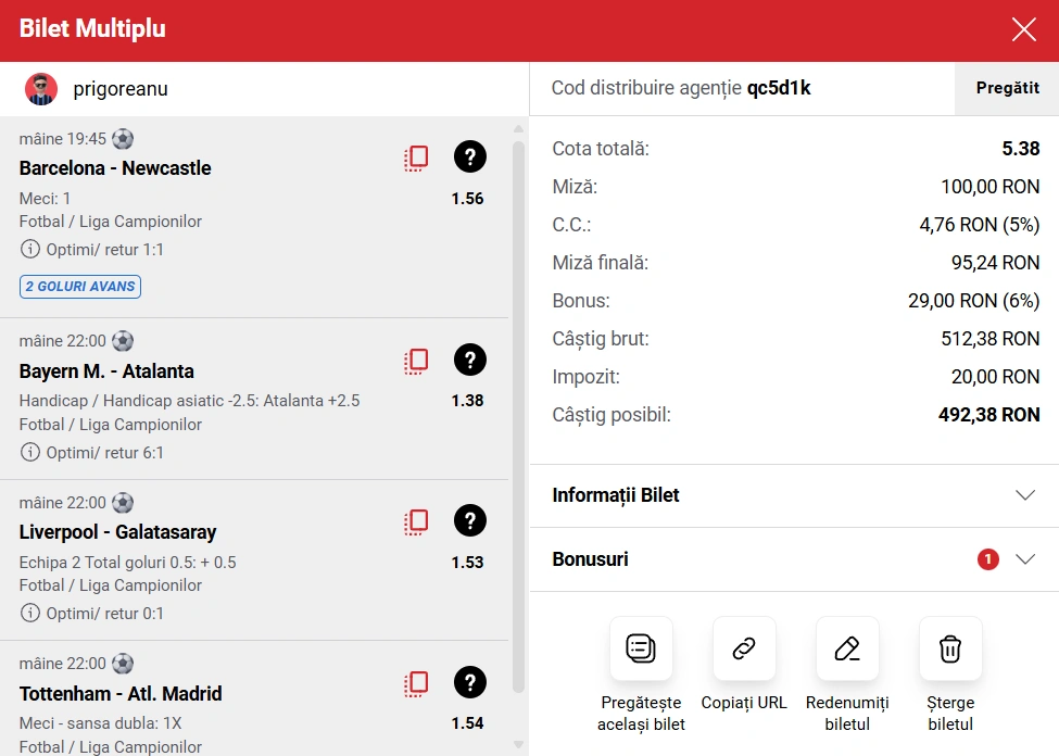 Biletul zilei la Casa Pariurilor pe ultimele 4 optimi UCL, 18 martie 2026
