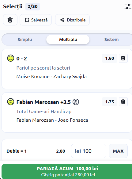 Biletul zilei tenis 19 martie 2026