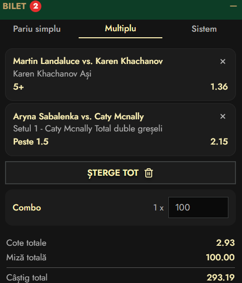 Biletul zilei tenis 22 martie 2026