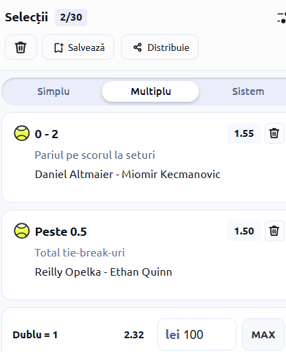 Biletul zilei tenis 4 martie 2026