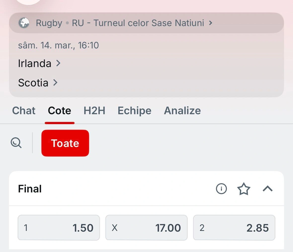 Cine este favorită să câștige meciul Irlanda vs Scoția pe 14 martie 2026