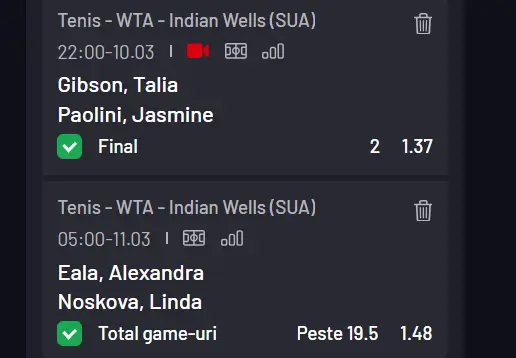 Cota 2 WTA Indian Wells pe Paolini și total game-uri din 10.03.2026 la operatorul online Maxbet
