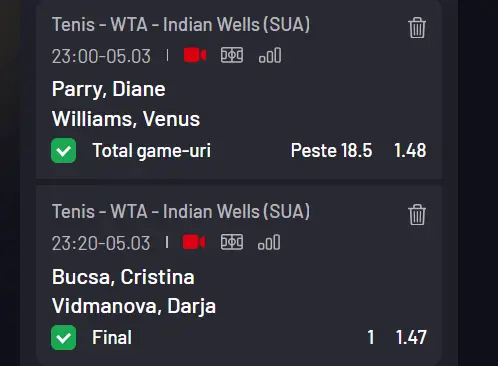 Cota 2 WTA Indian Wells pe total game-uri și Bucșa din 05.03.2026