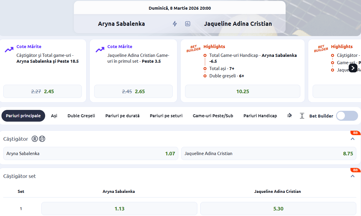 Cote Pariuri Aryna Sabalenka vs Jaqueline Cristian