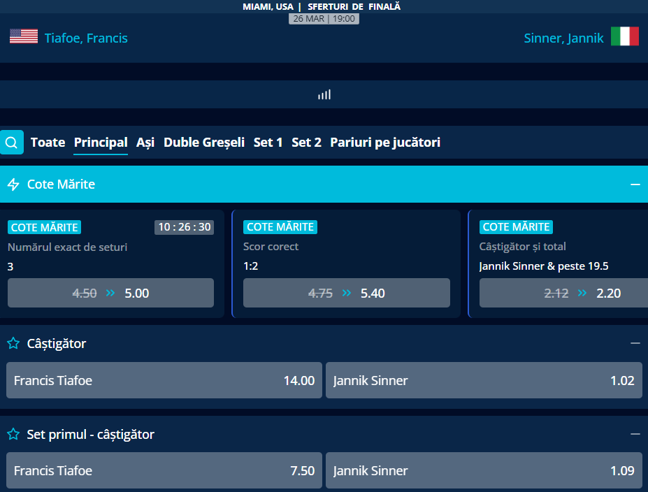Cote Pariuri Frances Tiafoe vs Jannik Sinner