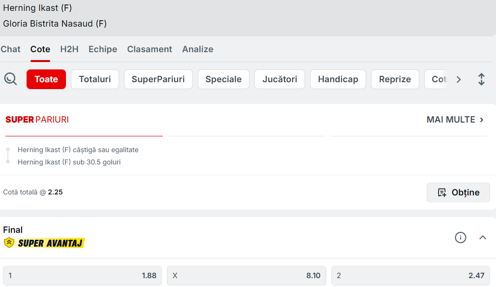 Cote Pariuri Ikast vs Gloria Bistrița
