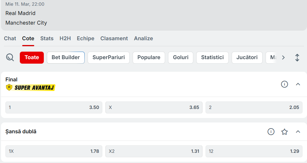 Cote Pariuri Real Madrid vs Manchester City Superbet