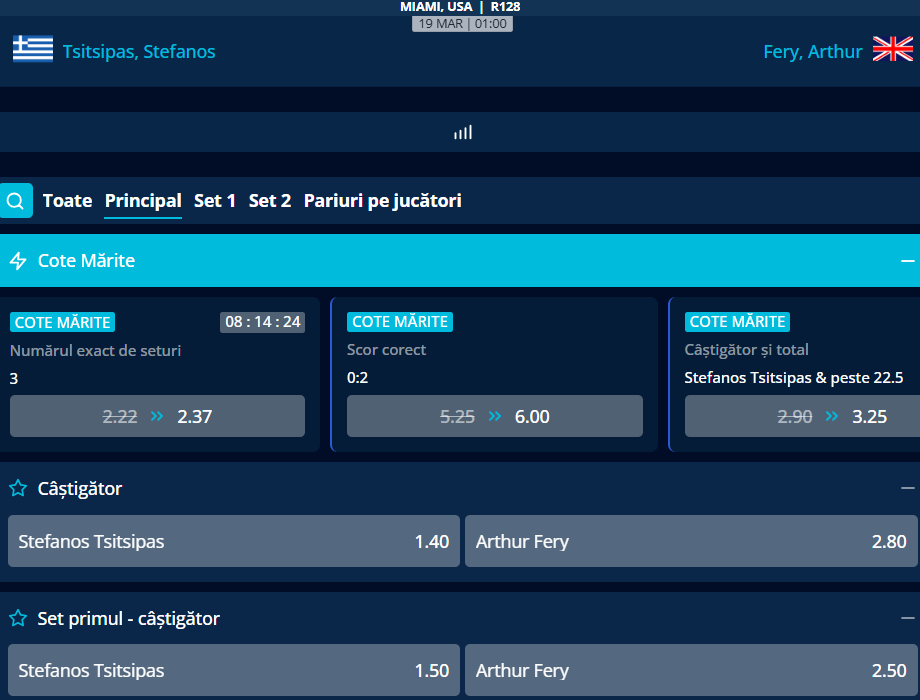 Cote Pariuri Stefanos Tsitsipas vs Arthur Fery